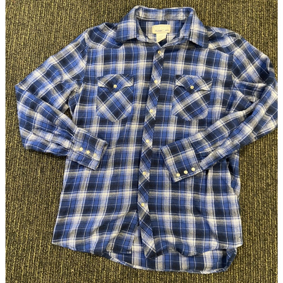 Wrangler Size L Blue Plaid Pearl Snap Button Cowboy Western Button Down Shirt - Picture 1 of 4